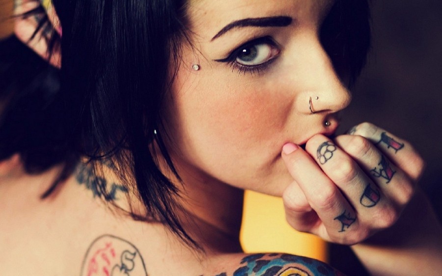 Beauty Brunette Girl Portrait Tattoos Piercings