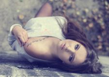 Chest Tattoo Sweater Pulled Down Beautiful Brunette Girl