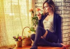 Blonde Girl Window Flowers Stockings Sexy Legs