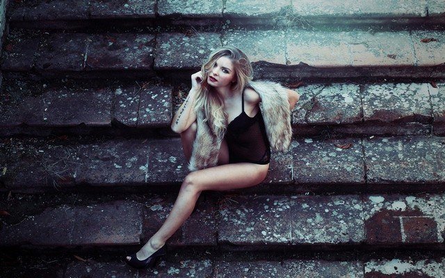 Fur Collar Arm Tattoo Girl Blonde Shoes Stairs Black Body Lingerie