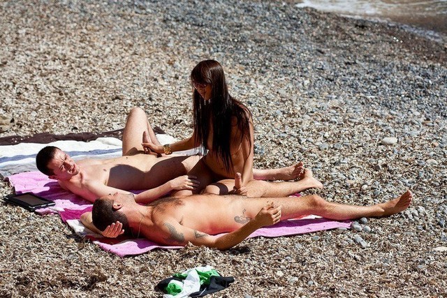 Nude Beach Double Handjob