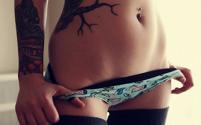 Arm And Tummy Tattoos Panties Pulled Down Girl