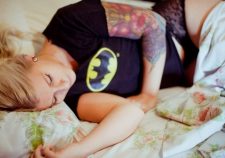 Beauty Blonde Girl Rest Tattoos Sexy Panties Shirt Batman