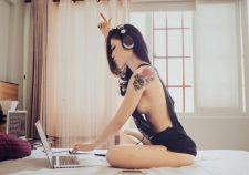 Big Tits Tattoo On Shoulder Laptop Listening Music Girl Asian